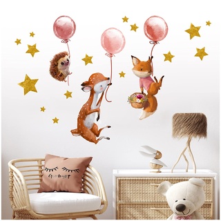 Wandsticker personalisiert Sticker Aquarell Tiere mit Name Wandtattoo für Kinderzimmer Babyzimmer Spielzimmer Mädchen Junge Y037 (Nr. 13 Waldtiere mit Ballons, Ohne Wunschname)