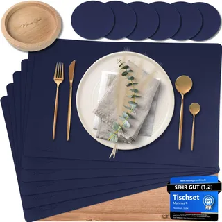Mahewa® 6er Set Premium Tischset aus Kunstleder - Platzset abwaschbar und wasserdicht - Platzdeckchen Telleruntersetzer in Lederoptik (Dunkelblau, Eckig mit Halter)