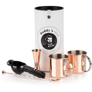 Buddy ́s Bar - Moscow Mule Komplett Set, 2 x 500 ml Cocktail-Becher, 27 cm Barlöffel, 5cl Barmaß & schwarze Limettenpresse, lebensmittelecht, Cocktail-Tassen-Set inklusive Geschenkbox, Kupfer poliert