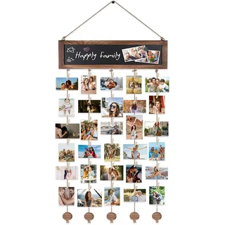 Shalwinn Fotovorhang Bilderrahmen Collage Holz, Diy Fotowand Aufhängen für mehrere Bilder, Kunstwerk hängende Fotorahmen mit 30 Holzklammern für Wanddekoration