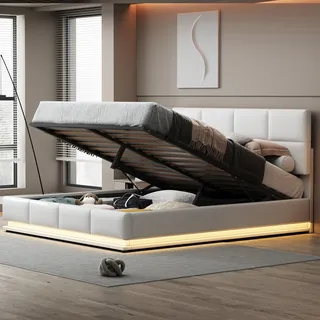 Flieks Polsterbett mit LED, hydraulisches Boxspringbett 180x200cm mit Lattenrost und Stauraum, Doppelbett Holzbett Jugendbett Kunstleder, Weiß - Weiß