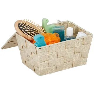 Relaxdays Aufbewahrungskorb mit Deckel, Flechtoptik, Bad Organizer HxBxT: 10,5 x 19,5 x 14,5 cm, Kunststoff, beige,