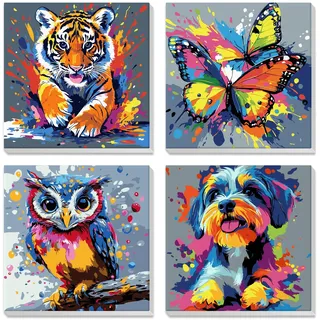 DAERLE 4 Stück Malen Nach Zahlen mit Rahmen, Bunter Tiger, Regenbogenschmetterling, Eule, Hund, Malen Nach Zahlen für Kinder ab 7 5 10, Pinsel und Acrylfarben, Geschenk Mädchen 9 Jahre, 20x20 cm Tier
