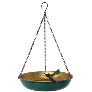 Vogeltränke zum Aufhängen für den Außenbereich, 28 cm, Grün/Bronze, niedliche Metall-Vogeltränke mit Abnehmbarer schwarzer Kette, Metall-Libelle, Gartendekoration