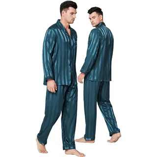 Lonxu Herren-Pyjama-Set, seidiges Satin, Schlafanzug, Loungewear, gestreift, S-4XL Gr. L, Grün/gestreift