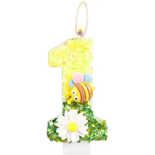 Honigbiene und Blume Geburtstagskerzen Zahlen 1, Personalisierte Geburtstagsdeko 1 Jahr Junge Mädchen, Gelb Kerzen Geburtstag, Dekorationen für Kindergeburtstag kerzen mit Bienenmotiven