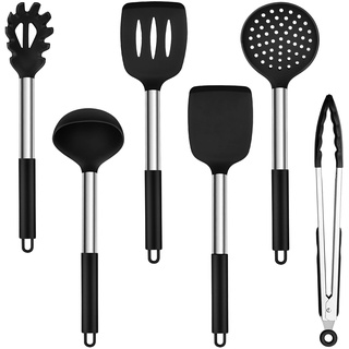 TEAMFAR Küchenhelfer Set, 6 Stück Silikon Küchenutensilien Pfannenwender mit Edelstahlgriff, Hitzebeständiger Antihaft Kochbesteck Küchenset zum Kochen, Leicht zu Reinigen & Spülmaschinenfest, Schwarz