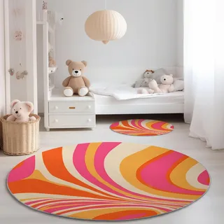 Generisch Runder Teppich 90 cm, Retro-Pop-Wirbel Orange Rosa | Fürs Schlafzimmer, Esszimmer oder Kinderzimmer, Rutschfest, Waschbar, Pflegeleicht, Wohnzimmer Rund