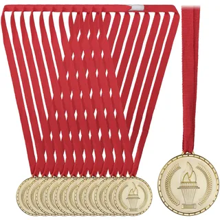 Relaxdays Goldmedaille Kinder, 12er Set, Ø 5 cm, Plastik, mit Band, Medaillenset Kindergeburtstag, Auszeichnung, Gold