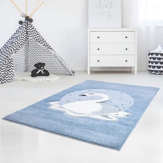 Kinderteppich Schwan Blau - 140x200 cm - Teppich Tier-Motiv Kinderzimmer für Mädchen und Jungen