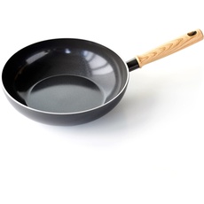 GreenChef Vintage Gesunde keramische Antihaftbeschichtung, 28cm/3,7 Liter Wok-Pfanne, Griff in Holzoptik, PFAS-frei, induktionsgeeignet, spülmaschinenfest, grau