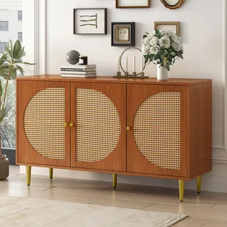 okwish Sideboard mit 3 Rattan verzierten Türen Kommode Highboard mit Metallgriffe, für Schlafzimmer & Wohnräume & Büro, Braun 129.8x 40x 76cm - Braun