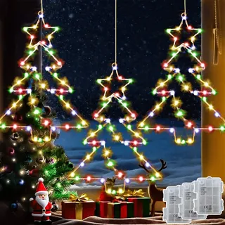 Joycome 3 Stück 55 LED Hängend Weihnachtsbaum Fensterbeleuchtung Batterie | Weihnachtsdeko Fenster mit Timer, Weihnachtsbeleuchtung Außen Wasserdicht Led Stern Fenster für Aussen Innen - Mehrfarbig