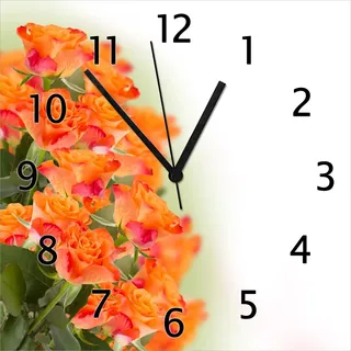 Wallario Design Wanduhr Orangene Rosenblüten im Strauß aus Echtglas, Größe 30 x 30 cm - Weiß