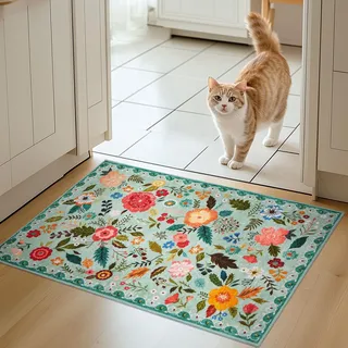 Fussmatte Innen, Kleiner Matte Blumenmuster Ultradünner, 66x100cm, Grün