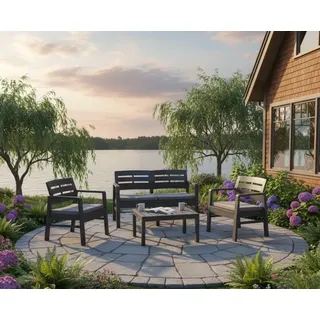 Dmora - Outdoor-Lounge-Set Massa, Gartenkomposition mit 2 Sesseln, 1 Sofa und 1 Couchtisch, Lounge für drinnen und draußen mit Kissen, 100% Made in Italy, Anthrazit