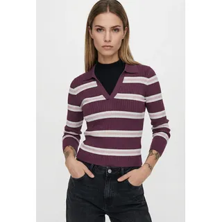 Polokragenpullover ONLY "ONLKAYA LIFE LS STRIPE POLO NOOS KNT", Damen, Gr. M, grape wine stripes:cloud dancer, pale lila, Strick, Obermaterial: 70% Viskose, 30% Nylon, gestreift, regular fit normal, V-Ausschnitt, Pullover Polokragenpullover