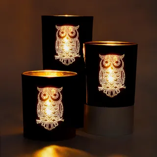 Larcenciel Teelichthalter Eule 3 Stück, Schwarz Gold Kerzenhalter Glas Windlicht Romantischer Teelichtgläser Glas Kerzenständer, Elegante Teelichter Deko für Tischdeko Weihnachten Neujahr Geburtstag