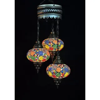 Türkische Hängelampe - Orientalische Lampe - Multicolor - 3 Glaskugeln - Mosaikdesign - 80 cm hoch - Bunt