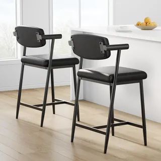 GarveeHome 2er Set Barhocker Mit Sitzkissen Aus PU-Leder Und Metallgestell, Esszimmerstühle Mit Rucklehne, Hohe Hocker Mit Fußlehnen Und Armlehnen, Für Esszimmer Und Wohnzimmer, 49 x 48 x 94 cm