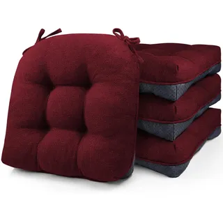 Stuhlkissen für Esszimmerstühle, 4er-Set, Memory-Schaum, Küchenstuhlkissen mit Bändern und rutschfester Unterseite, getuftete Stuhlkissen für Esszimmer, 40 x 40 x 10 cm, Rot