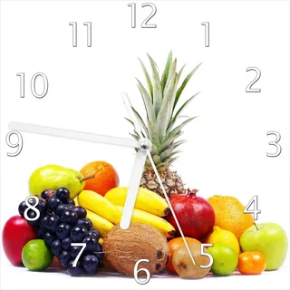 Wallario Design Wanduhr Gemischtes Obst aus aller Welt - Exotische Obstsammlung aus Echtglas, Größe 20 x 20 cm - Weiß