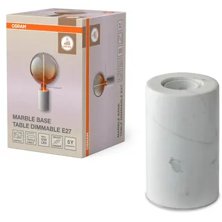 Osram Decor Marble Base Tischleuchte, Weiß Marmor, E27 Fassung, Dimmbar, Schalter, Textilkabel, 80mm