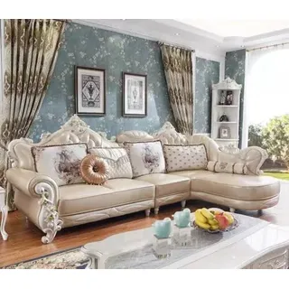 Ecksofa L Form Wohnlandschaft Couch Möbel Leder Holz Sofa Chesterfield - Beige