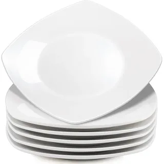 Kinmsito 6 Stück Porzellan Speiseteller, 26.5 cm Dessertteller aus Porzellan, Weiß Eckig Teller set, Kuchenteller, Frühstücksteller, Essteller Set für Vorspeisen, Salatteller, Dessert