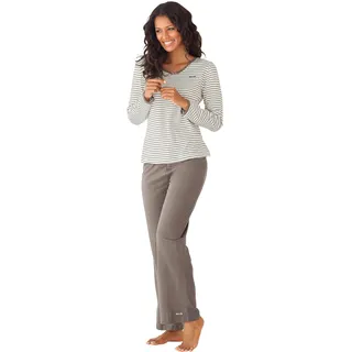 Pyjama H.I.S, Damen, Gr. 48/50, beige (creme, taupe), Single Jersey, Obermaterial: 100% Baumwolle, gestreift, unifarben, Basic, Basic lang, V-Ausschnitt, eingesetzt Blende kontrastfarben, Homewear-Sets Pyjama, mit garngefärbten Streifen, Topseller
