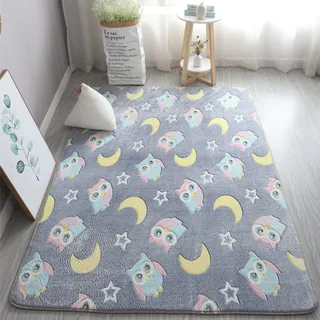 XMwike - Leuchtender phosphoreszierender Teppich für Kinder, rutschfest, für Schlafzimmer und Wohnzimmer, dunkelgrau mit Eulen, 120 x 60 cm