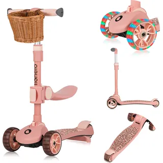 Lionelo Franky 2in1 Kinder Laufrad bis 20 kg Balance Roller bis 50 kg Höhenverstellbar, LED-Räder, rutschfestes Trittbrett, Korb Pink - Rosa