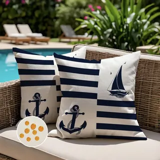 Jayusaror Kissenbezug Outdoor 45x45 Wetterfest Blau Kissenhülle Maritim Anker Segelboot Sommer Kopfkissenbezug Kissenbezüge Nautisch Kissen Zierkissenbezüge für Sofa Wohnzimmer Garten Deko,2er Set