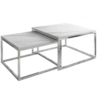 Lukmebel Yoshi LEVANTO 2-In-1 Couchtisch Und Bank Set Aus Zwei Tischen Matt Verchromte Stahlkonstruktion Quadratische Arbeitsplatte 60x60x36 cm 70x70x42 cm Marmur Levanto Und Silber
