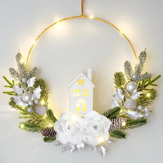 Dremisland Fensterdeko Weihnachten LED Dekokranz Prelit Weihnachtskranz mit Beleuchtetem Haus Türkranz für Haustür 40cm Tannenkranz Rose Adventskranz Winter Kranz Weihnachtsdeko Innen Außen Wohnkultur