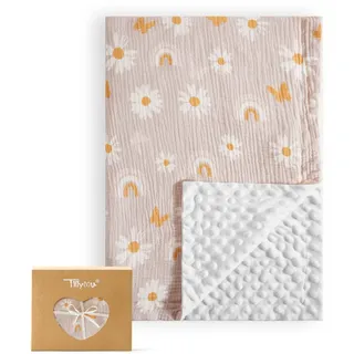 TILLYOU Babydecke Baumwolle 75x100 cm Doppelseitig Kinderdecke Musselin Decke Baby Krabbeldecke für Neugeborene, Rosa Schmetterling