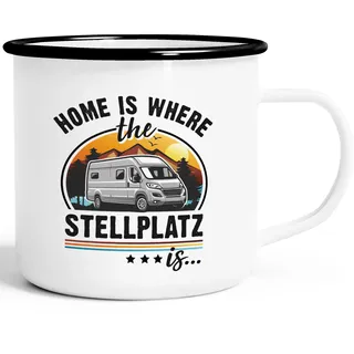 MoonWorks® Emaille-Tasse Camping Home is where the Stellplatz is Geschenke für Camper Wohnmobil Spruch lustig Emaille-weiss-schwarz standard
