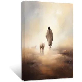 ZXHYWYM Jesus Leinwandbilder Gott geht mit Lamm Bilder Drucke christliches spirituelles Poster Hirtenkunstwerk für Gebetsraum Wohnzimmer Gerahmt (Bild-1, (40.00 x 60.00 cms))