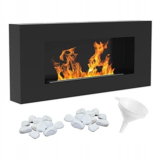 KRATKI Delta Flat Bio Ethanol Kamin + Kieselsteine 2 kg + Trichter | Wandmontierter Real Fire, Biocontainer 0,4 l, TÜV-Zertifiziert | Stahl, 40 x 90 cm, Schwarz Matt