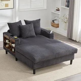 LVHOM Schlafsofa mit LED & USB, Chaiselongue mit Becherhalter & Stauraum, großes Einzelsofa bis 300kg belastbar, inkl. 3 Kissen, 129x170cm, Grau - Grau