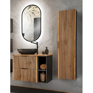 Badmöbel Set mit Waschtisch Regal Kombination mit Aufsatzwaschbecken XANTEN-56 in anthrazit mit Eiche Nb. schwarz gerillt, B/H/T: ca. 130/200/46,5 cm - Braun