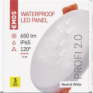 EMOS LED Panel Einbauleuchte 7,5W, extra-flacher 650 lm runder Einbaustrahler, Neutralweiß 4000K, IP65 wasserdicht für Feuchträume oder Außen, Farbe weiß, Durchmesser 10 cm, rahmenlos