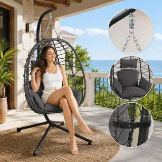 Makika Hängesessel mit Gestell höhenverstellbar aus Polyrattan in Grau - Grau