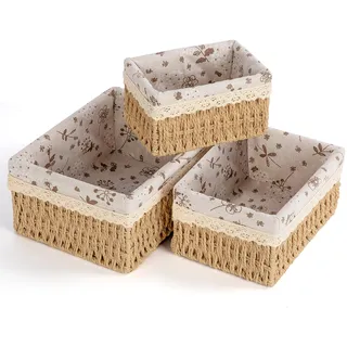 Otauoaea Aufbewahrungskorb Korb mit Futter, 3 Stück Spielzeug Aufbewahrung Körbchen Handgewebt,Boho-Decor Recyclebarem Geflochten Wickeltisch Organizer Körbchen Kinderzimmer Boxen Basket Kleiner(Jute)