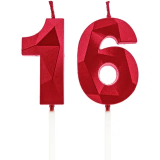 16. Geburtstag Kerzen, Rote Zahlenkerzen Geburtstagsdekoration, Happy Birthday Kuchendeko, für Geburtstagsfeiern, Hochzeiten, Firmenjubiläen (Rot, 16)
