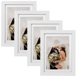 EXYGLO 4er Set Bilderrahmen 13x18 cm mit Passepartout oder 15x20 cm ohne Passepartout, Elegante Fotorahmen mit weißen Holzmaserungsrahmen, Wand- oder Tischaufsteller