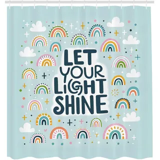 ABAKUHAUS Skandinavischer Regenbogen Duschvorhang, Freudiges Design Minimalistische und verspielte Wolken Himmelsschmuck, Stoffliches Gewebe mit Haken, 175 x 200 cm, Blasses Blau Mehrfarbig