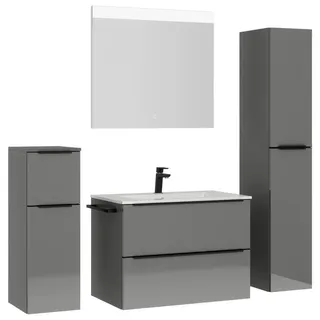 Nobilia Badezimmer , Schwarz, Schieferfarben , Metall , 5-teilig , 5 Fächer , 3,2 Schubladen , F , 141 cm , Goldenes M, Made in Germany , Griffeauswahl, hängend, Zusatzausstattung erhältlich, Typenvielfalt , Badezimmer, Badmöbelsets & Badmöbelserien, Badmöbel-Sets