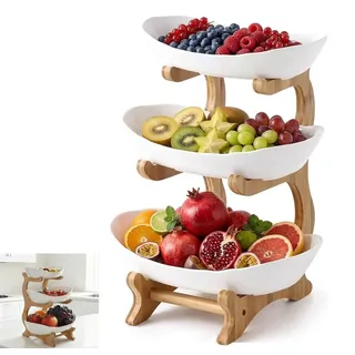 Zbozzba Obst Etagere mit 3 Etagen, Fruchtkuchen Stehen,3 Stöckig Obstschale Obstkorb Etagere mit Hölzernen Ständern,für Gemüse,Obst,Snacks(PP)