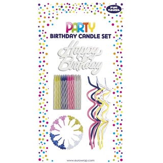 Eurowrap Clairefontaine 12642-GC - Set mit 16 Kerzen 6 cm hoch gedreht (+ 12 Kerzenhalter) + 8 Kerzen 13 cm hoch verdreht sortierte Farben + Deko ''Happy Birthday'', 1 Set, Weiß